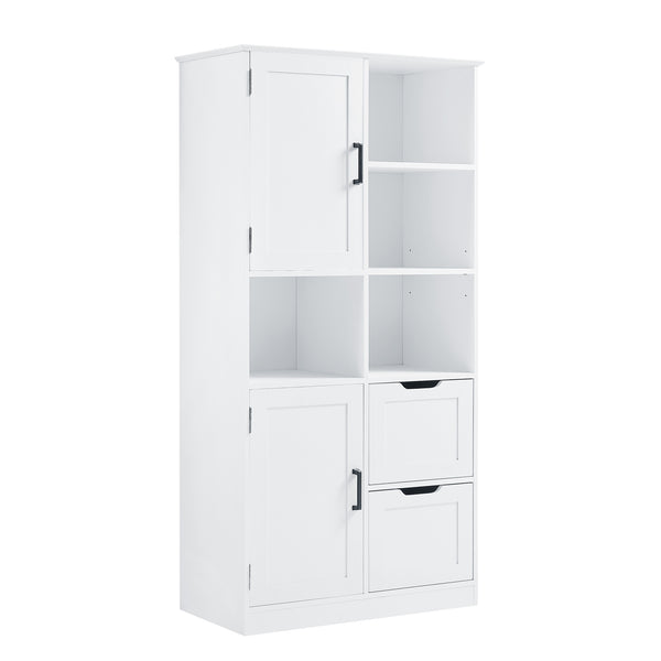 English Elm Bathroom Tall Storage Cabinet with Doors, 2 Drawers, Adjustable Shelf, Anti-Tip, MDF White, Sleek Handles WF530559AAK