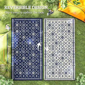 English Elm Easy Fold Reversible Polypropylene Outdoor Rug with Geometric Print and Carry Bag T3971P421387