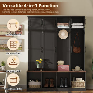 English Elm Farmhouse Hall Tree with Triple Arch Back Panel Eight Hooks Drawers and Entryway Bench Black N721S000059B-1