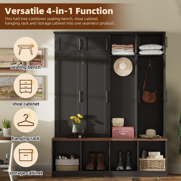 English Elm Farmhouse Hall Tree with Triple Arch Back Panel Eight Hooks Drawers and Entryway Bench Black N721S000059B-1