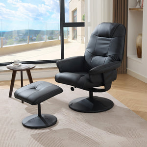 English Elm 011-Massage Recliner Chair with Ottoman, 360° Swivel PU Leather, 5-Point Vibration Massage, Heated Seat, 140° Backrest Comfort Black W2636P262429