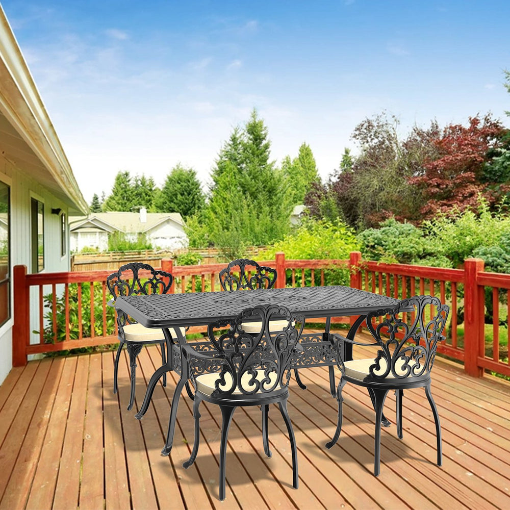 English Elm 5-piece Cast Aluminum Outdoor Dining Set Old World Ornate Patio Furniture Brown Cushions W1710S00581
