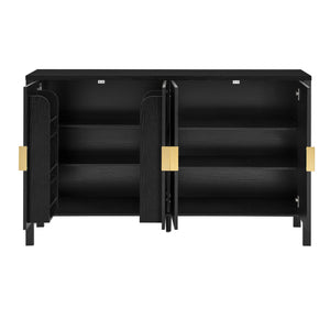 English Elm U_style Striped Four Door Sideboard Mdf Buffet Cabinet with Adjustable Shelves for Dining Black N711P345170B