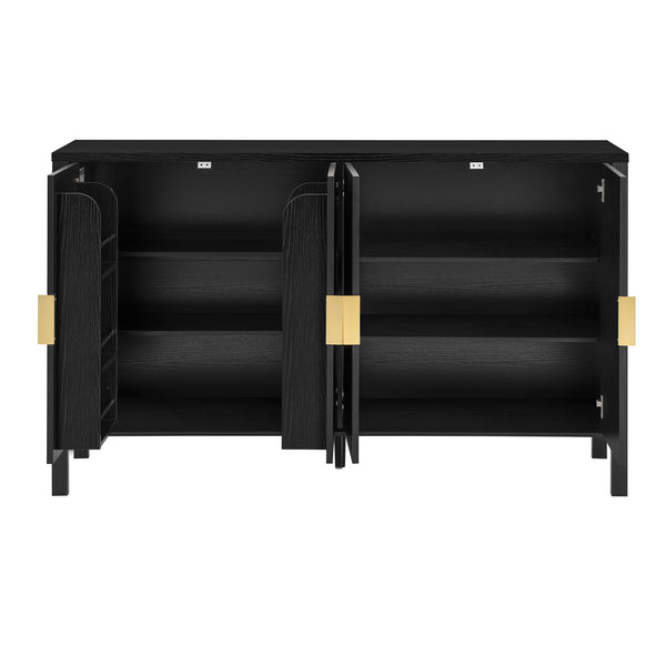 English Elm U_style Striped Four Door Sideboard Mdf Buffet Cabinet with Adjustable Shelves for Dining Black N711P345170B