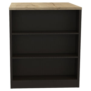 English Elm Kitchen Island Table With Two Legs And Three Stylish Side Shelves For Modern Storage Solutions B097S00132