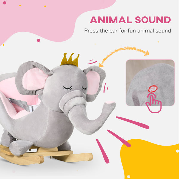 English Elm Qaba Plush Elephant Toddler Rocker with Steel Frame Wooden Base and Sound Effects W2225P200850