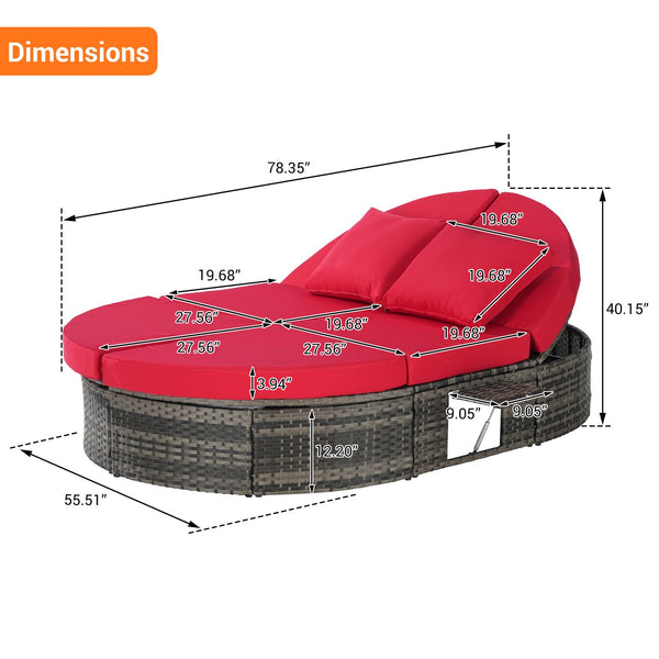 English Elm Outdoor Round Pe Rattan Daybed with Reclining Backrest and Built in Cup Trays Red W874S00082