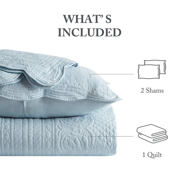 JLA Home Madison Park - 3 Reversible Scalloped Edge Quilt Set with Microfiber Face, Cotton Fill, Antimicrobial Freshness, Machine Washable Blue MP13-8246
