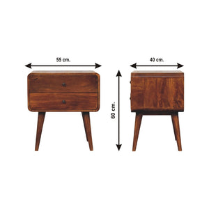 English Elm Solid Wood Large Curved Chestnut Bedside Table With 2 Drawers, Nordic Legs, And Elegant Design B182P234102-GIGA