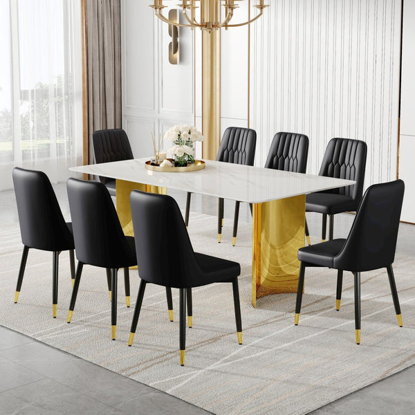 English Elm Table Set With Glass Top & 8 Pu Leather Chairs - Elegant Dining Furniture For Modern Spaces W1151S04352-GIGA