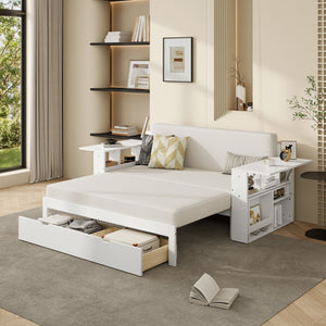 English Elm Full Size Daybed with Hydraulic Desk Armrests Storage Drawer and Sofa Seating White LT000271AAK