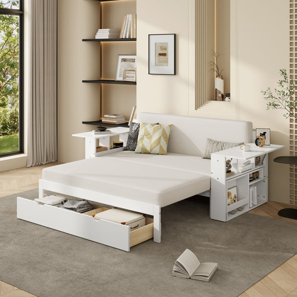 English Elm Full Size Daybed with Hydraulic Desk Armrests Storage Drawer and Sofa Seating White LT000271AAK