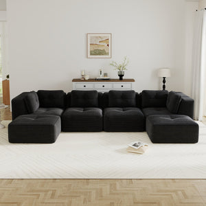 English Elm Modern Corduroy U-shaped Sectional with Deep Seating Two Ottomans Tufted Detail Black W714S01794