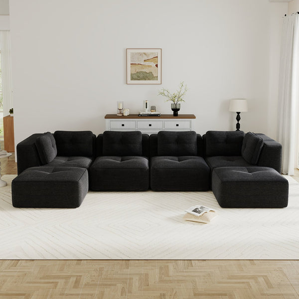 English Elm Modern Corduroy U-shaped Sectional with Deep Seating Two Ottomans Tufted Detail Black W714S01794