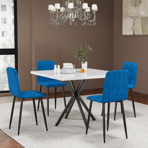 English Elm Square MDF Dining Set for 4 with Faux Marble Top, Mid-Century Modern Iron Legs, Easy-Clean Surface White+Blue W578S00022