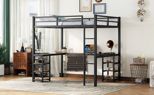 English Elm Full Metal Loft Bed With Vintage Wood Desk & Shelves - Stylish Space-Saving Solution For Bedrooms W1580S00040