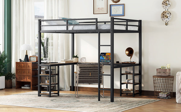 English Elm Full Metal Loft Bed With Vintage Wood Desk & Shelves - Stylish Space-Saving Solution For Bedrooms W1580S00040
