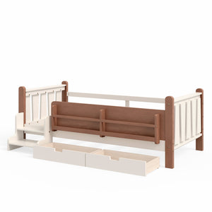 English Elm Twin Pine Floor Bed with Guardrails Built-in Bookcases and Stair Steps for Kids Beige W1580P430199