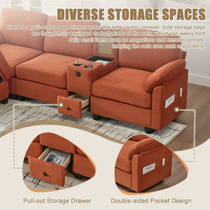 English Elm United Corduroy L-Shaped 4-Seater Sofa With Usb, Cup Holders & Storage Ottoman - Perfect For Apartments! W1568S00225-GIGA