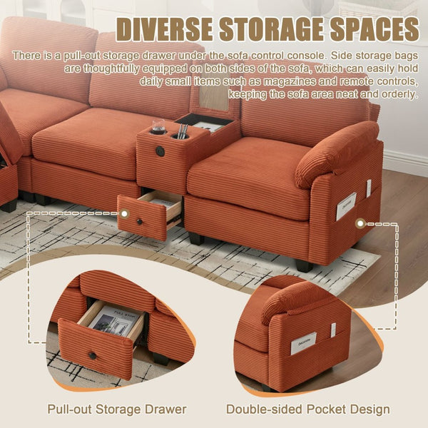 English Elm United Corduroy L-Shaped 4-Seater Sofa With Usb, Cup Holders & Storage Ottoman - Perfect For Apartments! W1568S00225-GIGA