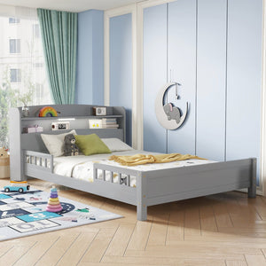 English Elm Full Pine Wood Bed with Bookcase Headboard and LED Motion Sensor Light, Guardrails & Storage Space Grey W504P277598