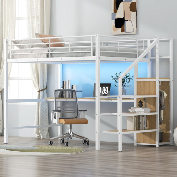 English Elm Full Size Metal Loft Bed With Desk, Storage Staircase, Wardrobe & Led Light For Small Spaces GX000620AAK-1