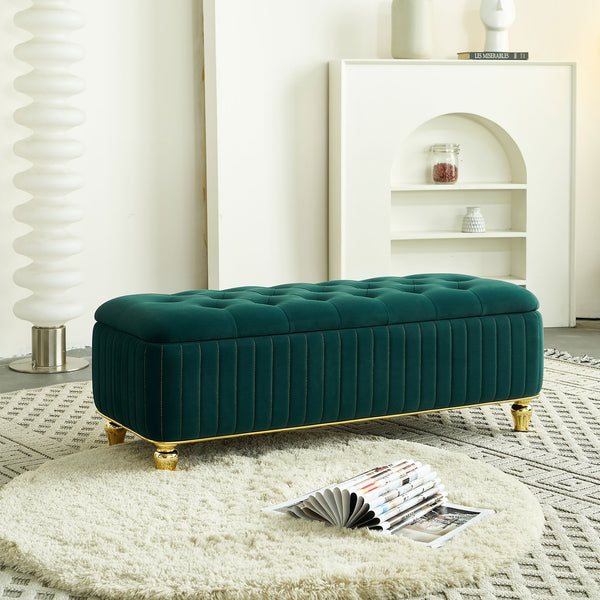 English Elm 47.24''W Storage Ottoman with Deep Button Tufting, Gold Accent Trim, Gas Lift, Sturdy Metal Legs Green W579P224708