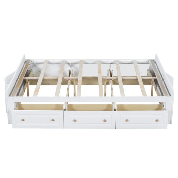 English Elm Wood Queen Size Platform Bed Frame with 6 Drawers for Storage, Sturdy Pine/MDF Slat System, 500lb Capacity White N709P241723K