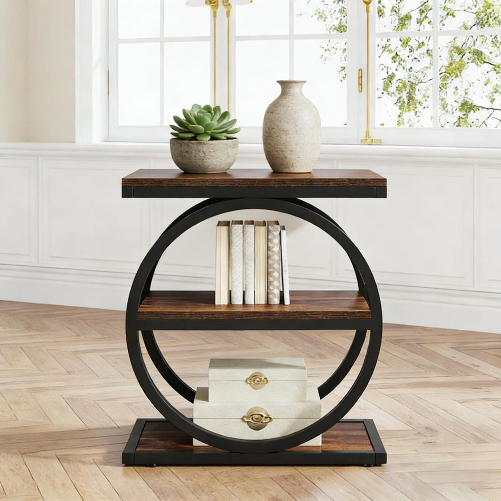 English Elm Modern Two Tier End Table Black Metal Frame Wood Grain Surface for Living Room T3971P451267