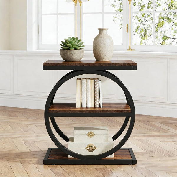 English Elm Modern Two Tier End Table Black Metal Frame Wood Grain Surface for Living Room T3971P451267