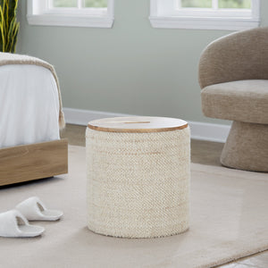 English Elm Wood Lidded Storage Ottoman Handwoven Wool Artisan Texture for Bohemian Living Spaces B202P471523