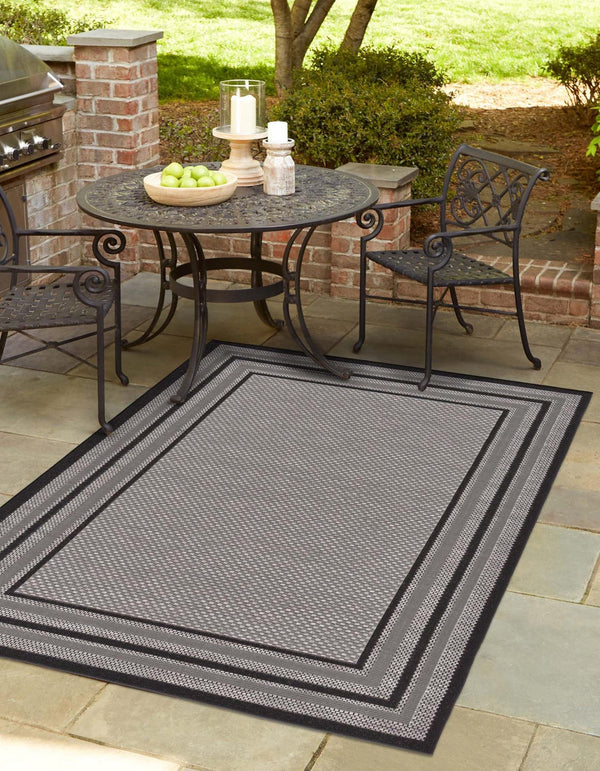 Unique Loom Outdoor Border Multi Border Machine Made Border Rug Gray, Black/Gray/Silver 6' 1" x 9' 0"