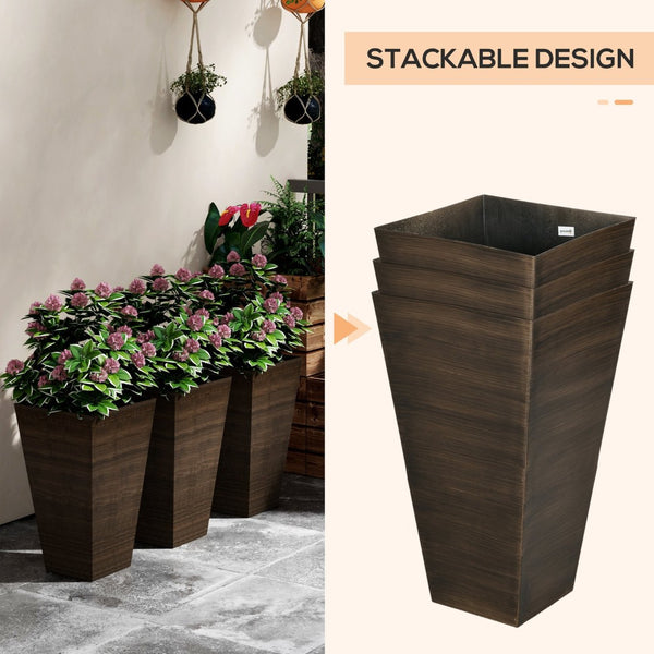 English Elm Outsunny 28" Tall Faux Wood Planters Set Of 3 - Durable, Lightweight, Self-Draining Pots For Garden Use W2225P175542-GIGA