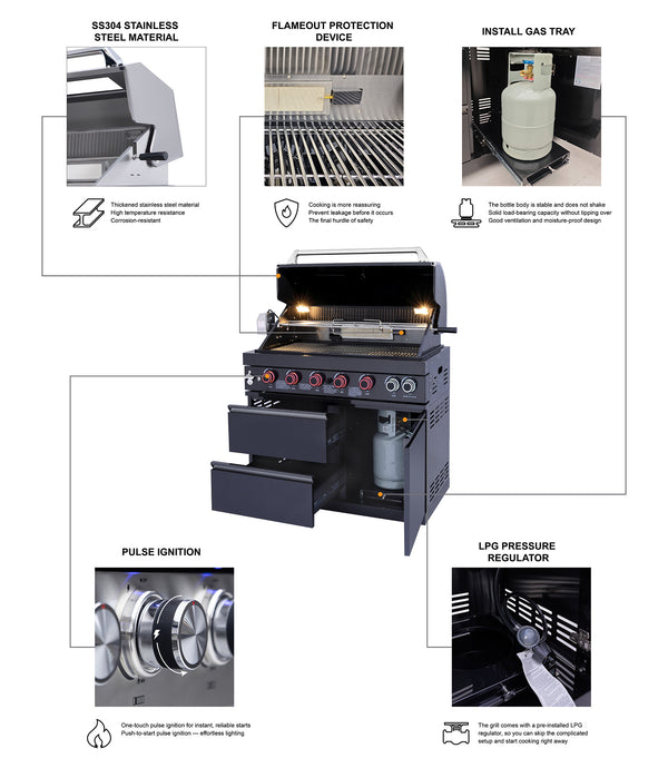 English Elm Outdoor Kitchen Island 6 Burner Propane Grill with Sink Fridge Granite Top W5007S00009