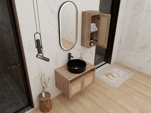 English Elm 30" Floating Bathroom Vanity Set with Ceramic Vessel Sink and Rattan Side Cabinet W999S00496