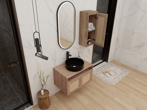 English Elm 30" Floating Bathroom Vanity Set with Ceramic Vessel Sink and Rattan Side Cabinet W999S00496