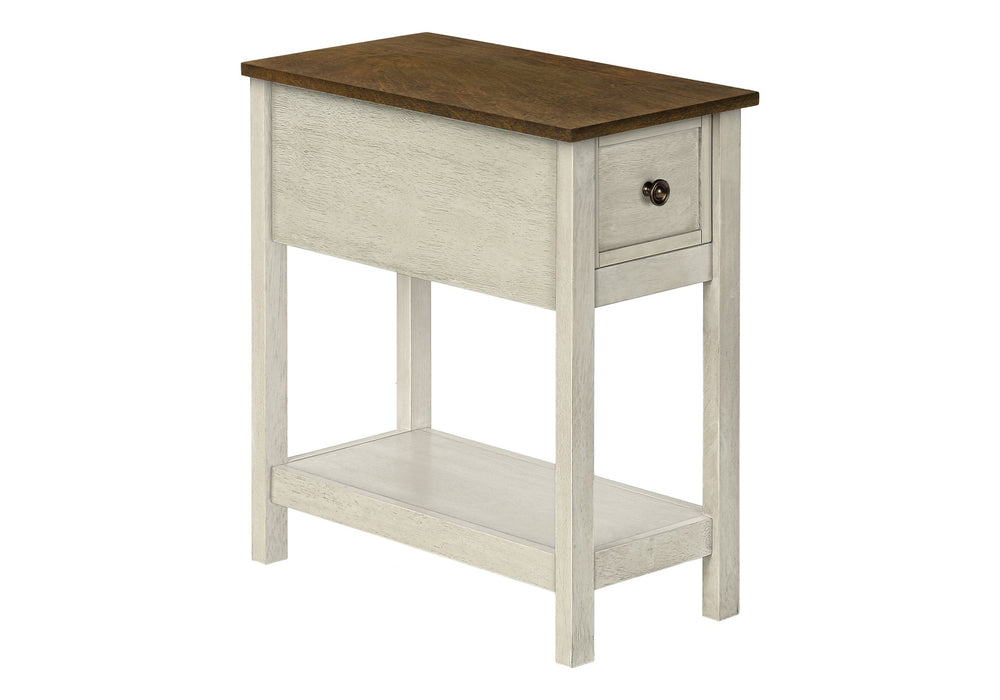 English Elm Accent Table, Two-Tier Narrow Design With Storage Drawer, Antique White & Brown Finish For Versatile Use B2710P219471