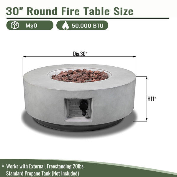 English Elm 30" 30" Propane Gas Fire Pit Table 50,000 BTU Round Concrete MgO Patio Heater with Rocks and Cover W853P272284