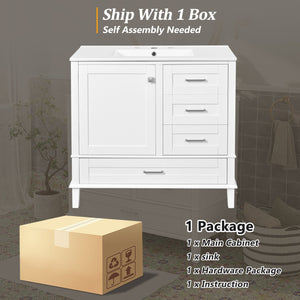English Elm 36" White Bathroom Vanity Solid Pine Frame with Soft-Close Door, 3 Versatile Drawers & Ceramic Top N729P211167K