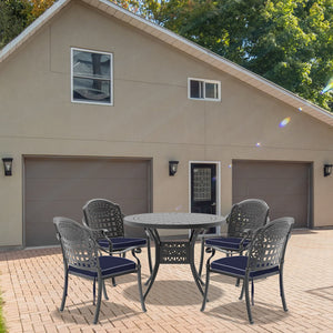 English Elm 5-Piece Elegant Cast Aluminum Patio Furniture Set With Blue Cushions For Stylish Outdoor Dining W1710S00070