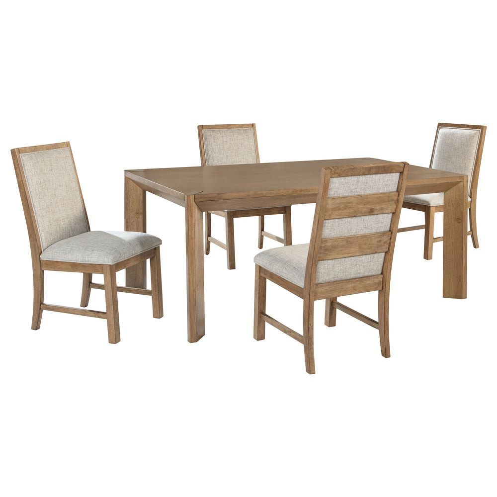 English Elm Natural Brown Ash Veneer Rectangular Dining Set with Six Ladder Back Upholstered Chairs B062S01818