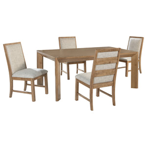 English Elm Natural Brown Ash Veneer Rectangular Dining Set with Six Ladder Back Upholstered Chairs B062S01818