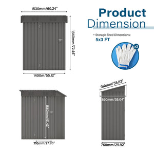 English Elm 5x3 Ft Galvanized Steel Outdoor Storage Shed with Peaked Roof and Lockable Door W3213P309351