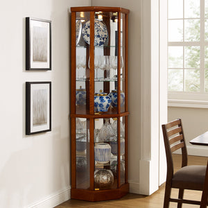 English Elm 6 Shelf Lighted Corner Curio Cabinet with Adjustable Tempered Glass Shelves, Acrylic Mirror Back, Solid Wood Frame Oak W1693P170925