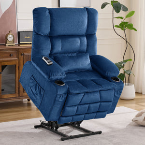 English Elm Dual Motor Large Power Lift Recliner Chair with Waist Kneading & Heat, Extended Footrest, USB Ports Blue W1521S00073