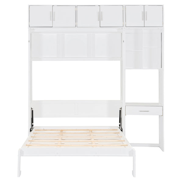 English Elm Full Size Murphy Wall Bed with Fold Away Desk Cabinet and Shelves for Small Spaces N708S00020K-1