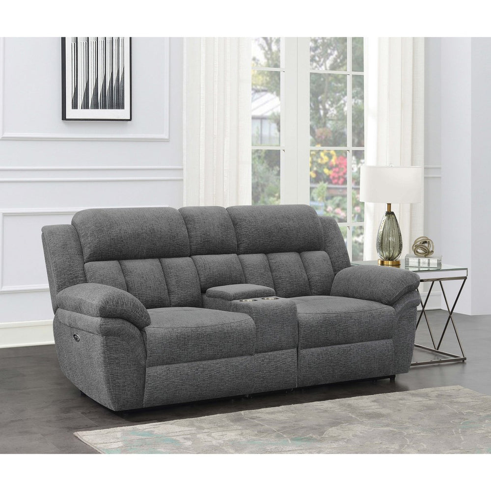 English Elm Divine Chenille Reclining Loveseat with Tufted Pillowtop Arms and Built-in Console B062S01415
