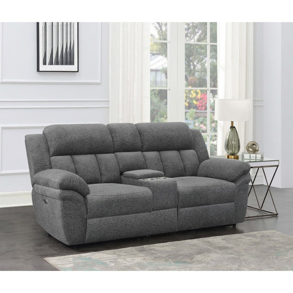 English Elm Divine Chenille Reclining Loveseat with Tufted Pillowtop Arms and Built-in Console B062S01415
