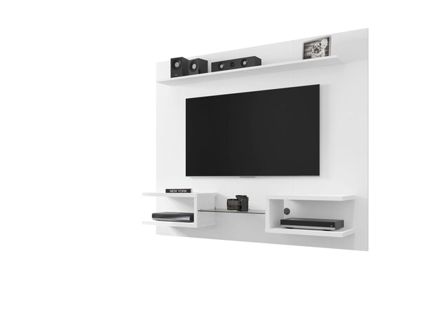 English Elm Plaza 64" TV Panel with Overhead Display Shelf, Glass Media Divider, Wire-Management & Mounting Hardware White B365P398356