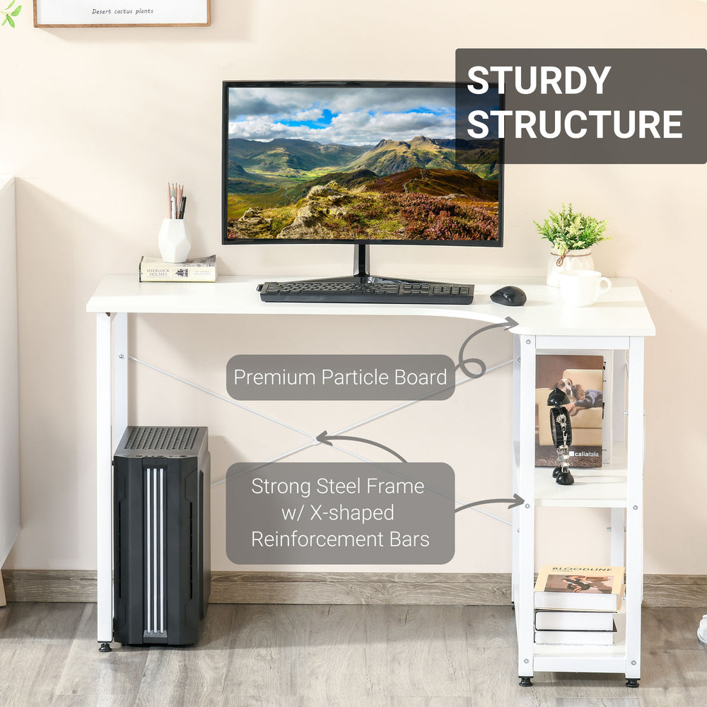 English Elm HOMCOM L-Shaped Corner Desk with 2 Shelves, Wide Study Workstation, Sturdy Steel Frame, White W2225P217267